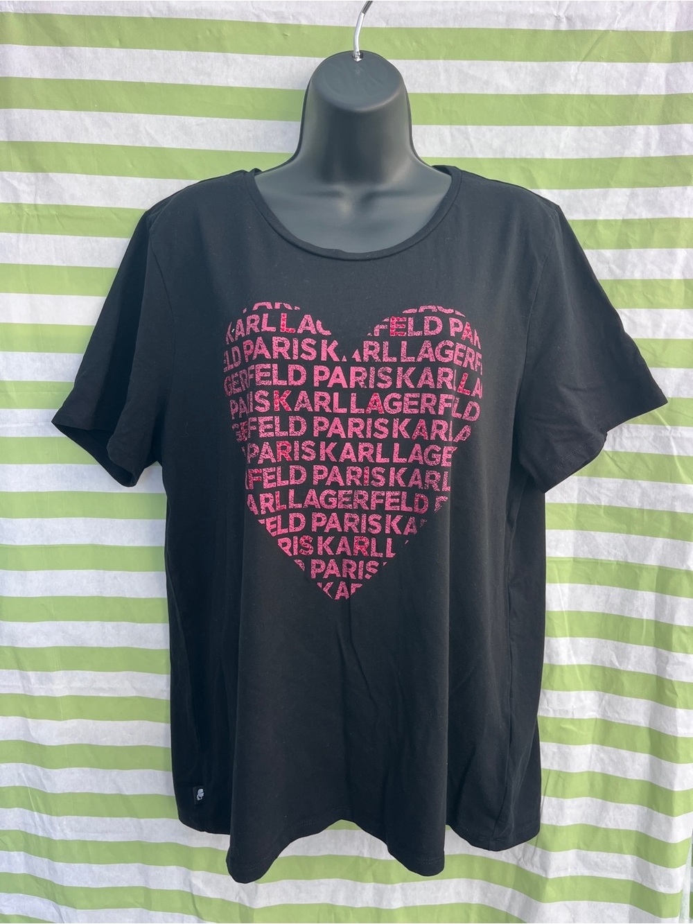 Karl Lagerfeld Black Women Tee with Pink Text Heart